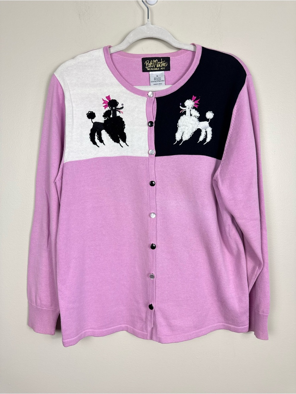 Bob Mackie Cardigan Womens Medium Poodle Dog Pink Black White Vintage 50s Fun
